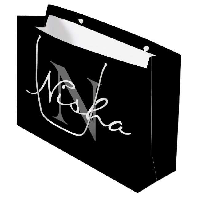 Grand Sac Cadeau Elegant Blanc Gris Monogram Nom Noir  (Devant Angle)