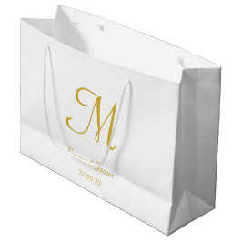Grand Sac Cadeau Elégant Blanc & Or Nom Monogramme Personnalisé