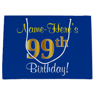 Grand Sac Cadeau Élégant, Bleu, Doré Faux 99e Anniversaire + Nom