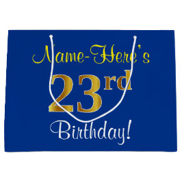 Grand Sac Cadeau Elégant, Bleu, Faux Or 23ème Anniversaire + Nom