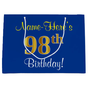Grand Sac Cadeau Elégant, Bleu, Faux Or 98ème Anniversaire + Nom