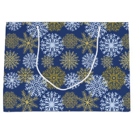 Grand Sac Cadeau Élégant Blue Gold Snowflakes Noël
