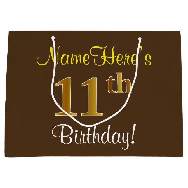 Grand Sac Cadeau Elégant, Brown, Faux Gold 11ème anniversaire + Nom (Devant)