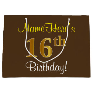 Grand Sac Cadeau Elégant, Brown, Faux Gold 16ème anniversaire + Nom