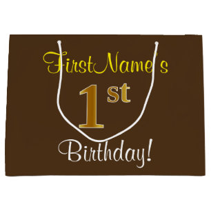 Grand Sac Cadeau Elégant, Brown, Faux Gold 1er anniversaire + Nom