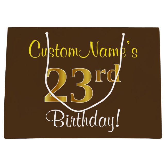 Grand Sac Cadeau Elégant, Brown, Faux Gold 23ème anniversaire + Nom (Devant)
