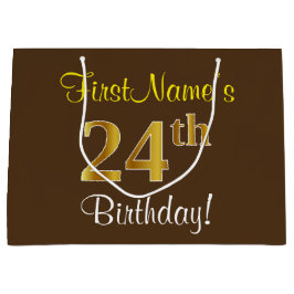 Grand Sac Cadeau Elégant, Brown, Faux Gold 24ème anniversaire + Nom