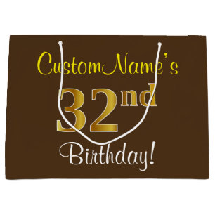 Grand Sac Cadeau Elégant, Brown, Faux Gold 32e anniversaire + Nom