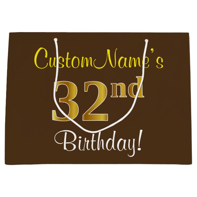 Grand Sac Cadeau Elégant, Brown, Faux Gold 32e anniversaire + Nom (Devant)