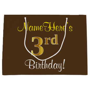 Grand Sac Cadeau Elégant, Brown, Faux Gold 3ème anniversaire + Nom