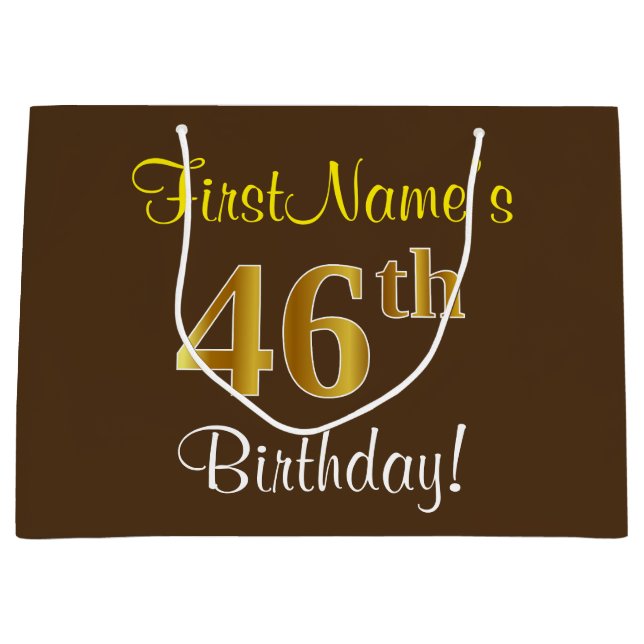 Grand Sac Cadeau Elégant, Brown, Faux Gold 46ème anniversaire + Nom (Devant)