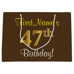 Grand Sac Cadeau Elégant, Brown, Faux Gold 47ème anniversaire + Nom