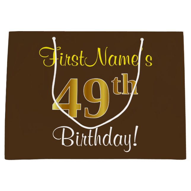 Grand Sac Cadeau Elégant, Brown, Faux Gold 49ème Anniversaire + Nom (Devant)