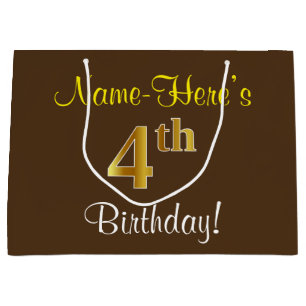 Grand Sac Cadeau Elégant, Brown, Faux Gold 4ème anniversaire + Nom