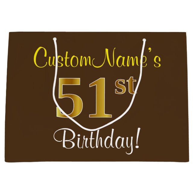 Grand Sac Cadeau Elégant, Brown, Faux Gold 51ème Anniversaire + Nom (Devant)