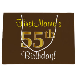 Grand Sac Cadeau Elégant, Brown, Faux Gold 55ème anniversaire + Nom