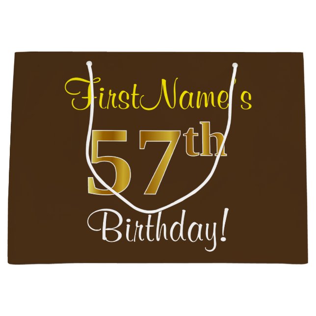 Grand Sac Cadeau Elégant, Brown, Faux Gold 57ème anniversaire + Nom (Devant)
