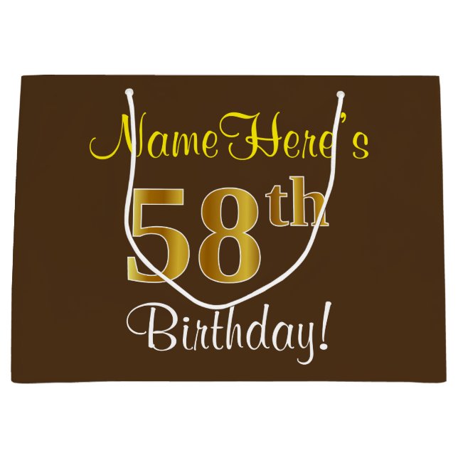 Grand Sac Cadeau Elégant, Brown, Faux Gold 58ème anniversaire + Nom (Devant)