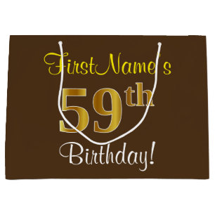 Grand Sac Cadeau Elégant, Brown, Faux Gold 59ème anniversaire + Nom