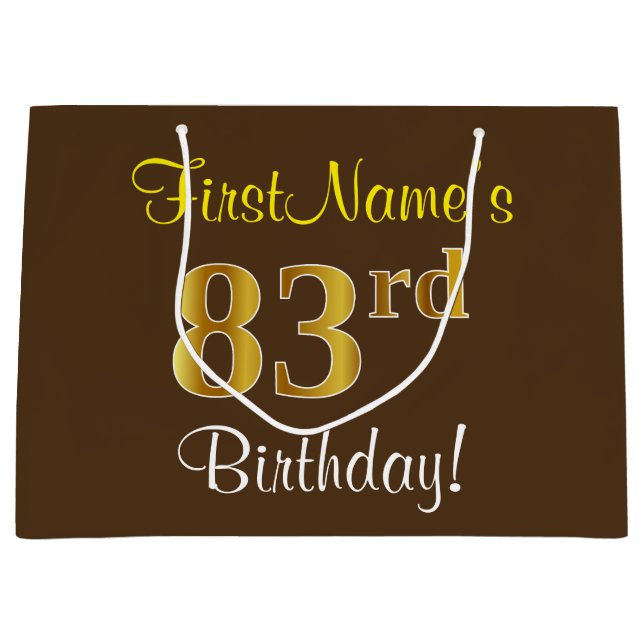 Grand Sac Cadeau Elégant, Brown, Faux Gold 83ème anniversaire + Nom (Devant)