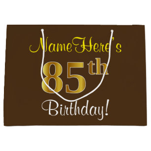 Grand Sac Cadeau Elégant, Brown, Faux Gold 85ème anniversaire + Nom