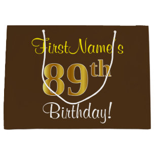 Grand Sac Cadeau Elégant, Brown, Faux Gold 89ème anniversaire + Nom
