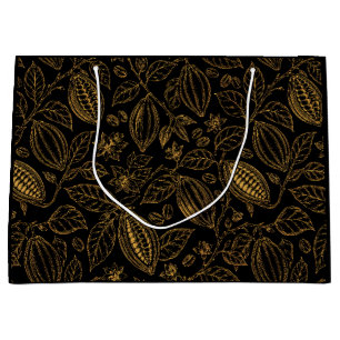 Grand Sac Cadeau Élégant Cacao Fleur Fruit Noir Or Entreprise