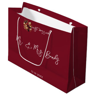 Grand Sac Cadeau Elégant Feuille d'or Mariage Photo Juste Marié