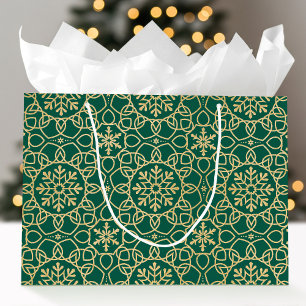 Grand Sac Cadeau Élégant flocon de neige de Noël Faux Gold Green