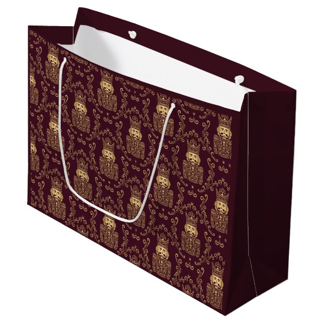 Grand Sac Cadeau Elegant Gold Nutcracker Christmas Damask (Devant Angle)