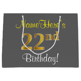 Grand Sac Cadeau Elégant, gris, Faux Gold 22e anniversaire + Nom
