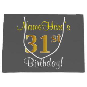 Grand Sac Cadeau Elégant, gris, Faux Gold 31ème anniversaire + Nom