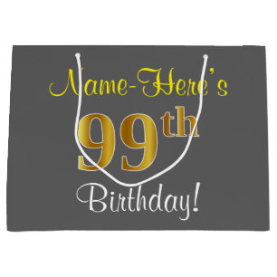 Grand Sac Cadeau Elégant, gris, Faux Gold 99e anniversaire + Nom