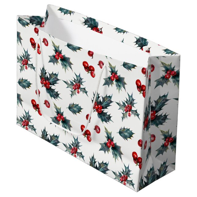 Grand Sac Cadeau Elégant Holly Berry Noël de Noël Rustique (Devant Angle)