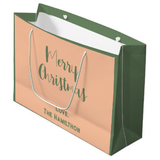 Grand Sac Cadeau Élégant Joyeux Noël Olive Green & Peach