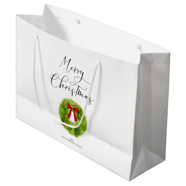 Grand Sac Cadeau Élégant Joyeux Script de Noël Vert Wreath (Devant Angle)