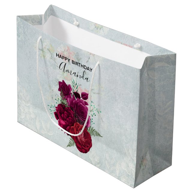 Grand Sac Cadeau Elégant Magenta Rose Bouquet floral Anniversaire (Devant Angle)