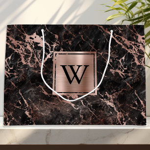 Grand Sac Cadeau Élégant Marbre Noir Monogramme Or Rose