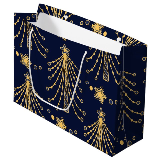 Grand Sac Cadeau Elégant Marine Bleu Or Noël Arbre étoile Motif (Devant Angle)