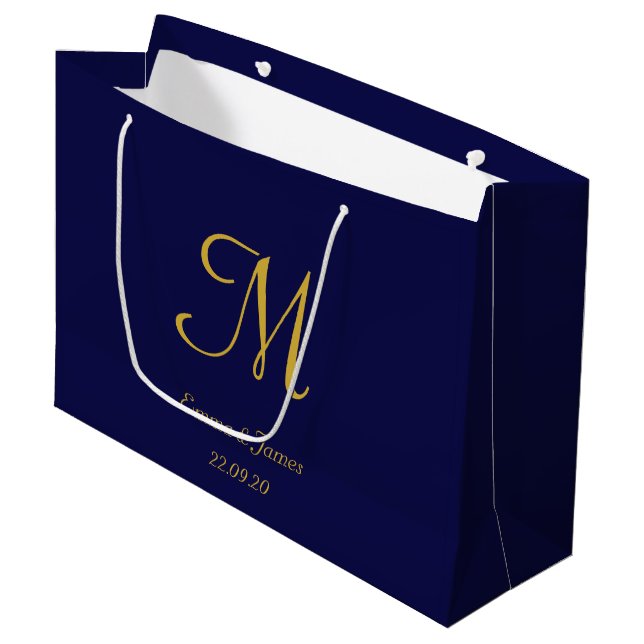 Grand Sac Cadeau Elegant Marine Blue & Gold Monogram Nom Mariage  (Devant Angle)