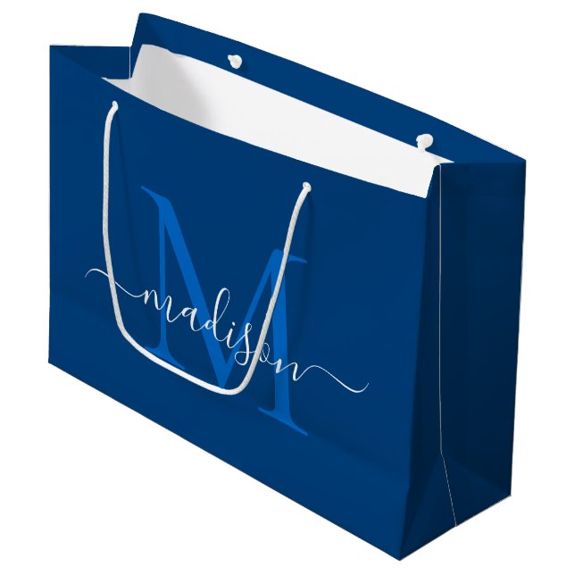 Grand Sac Cadeau Élégant Monogramme Marine Blue Girly Script élégan (Devant Angle)