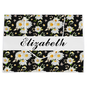 Grand Sac Cadeau Élégant Monogramme noir et blanc Motif de margueri