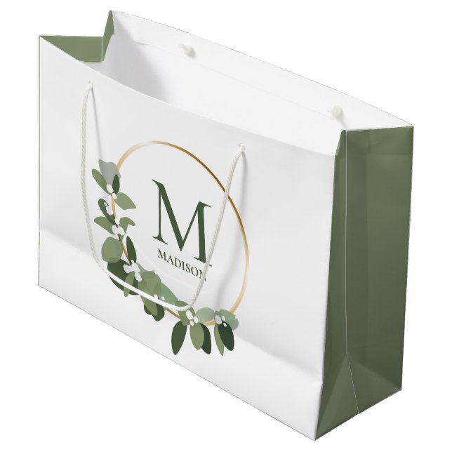 Grand Sac Cadeau Élégant Monogramme Vert Wreath (Devant Angle)