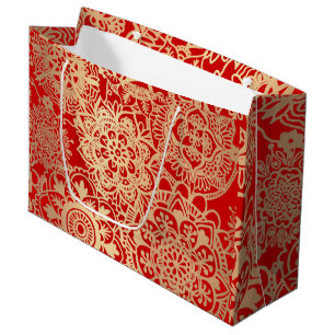 Grand Sac Cadeau Élégant Motif de Noël Mandala rouge et or
