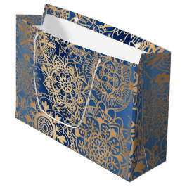 Grand Sac Cadeau Elégant Motif Mandala bleu et or