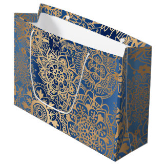 Grand Sac Cadeau Elégant Motif Mandala bleu et or