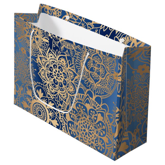 Grand Sac Cadeau Elégant Motif Mandala bleu et or (Devant Angle)