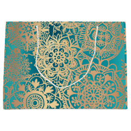 Grand Sac Cadeau Élégant Motif Mandala vert et or