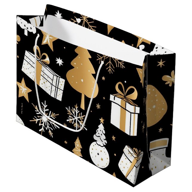 Grand Sac Cadeau Élégant Noël Black Gold White Line Art (Devant Angle)