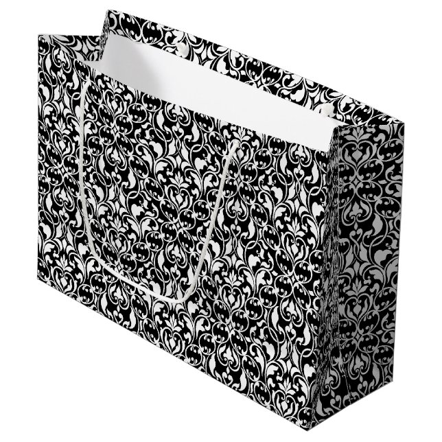 Grand Sac Cadeau Élégant noir et blanc Damas (Devant Angle)